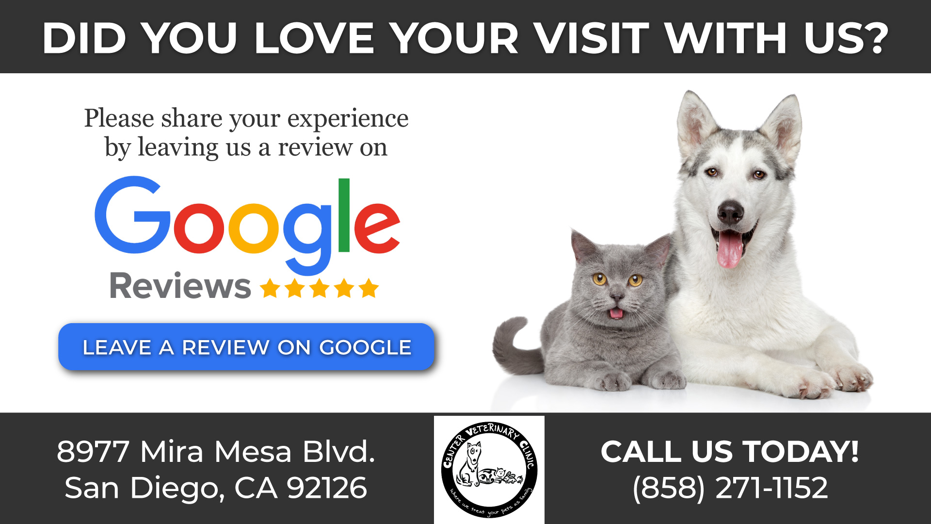 Review Us in San Diego, CA Center Veterinary Clinic